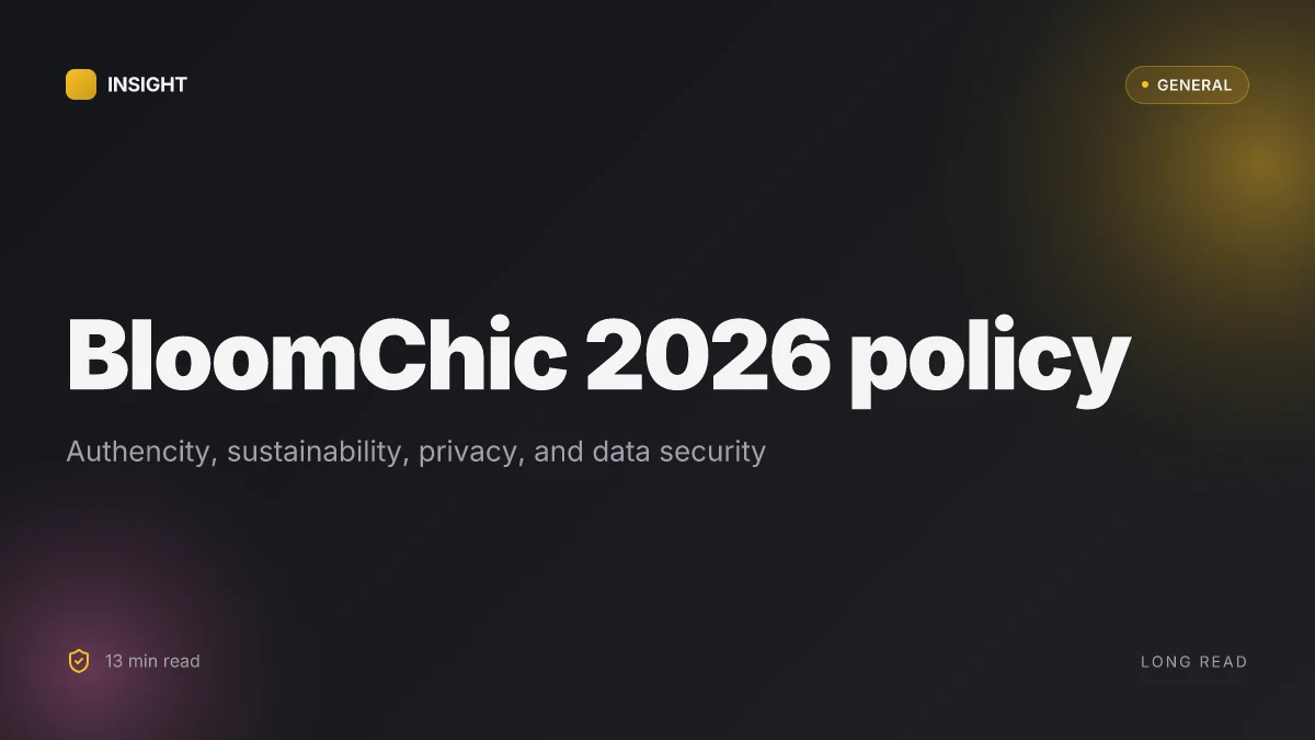 What is BloomChic's 2026 policy on product authenticity, sustainability, privacy, and data security